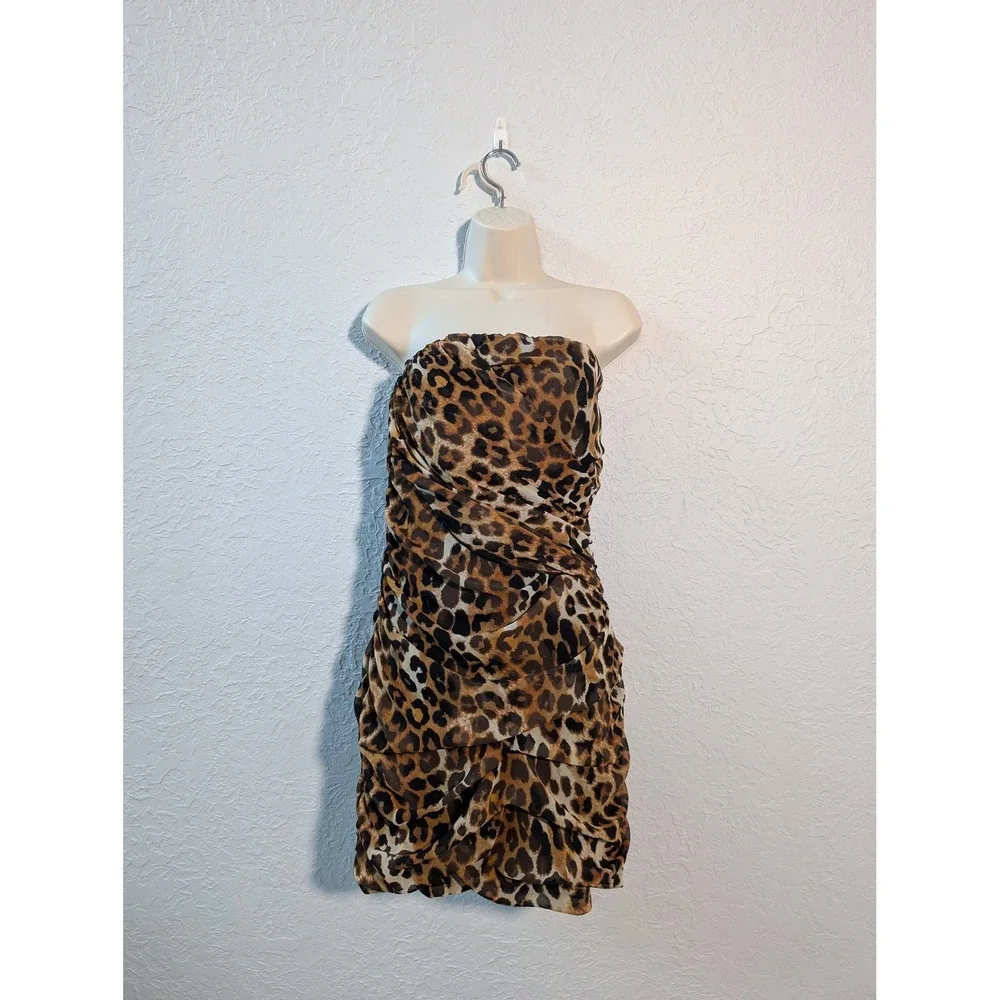 Express Leopard Print Strapless Mini Dress Women Brown Ruched Draped Party